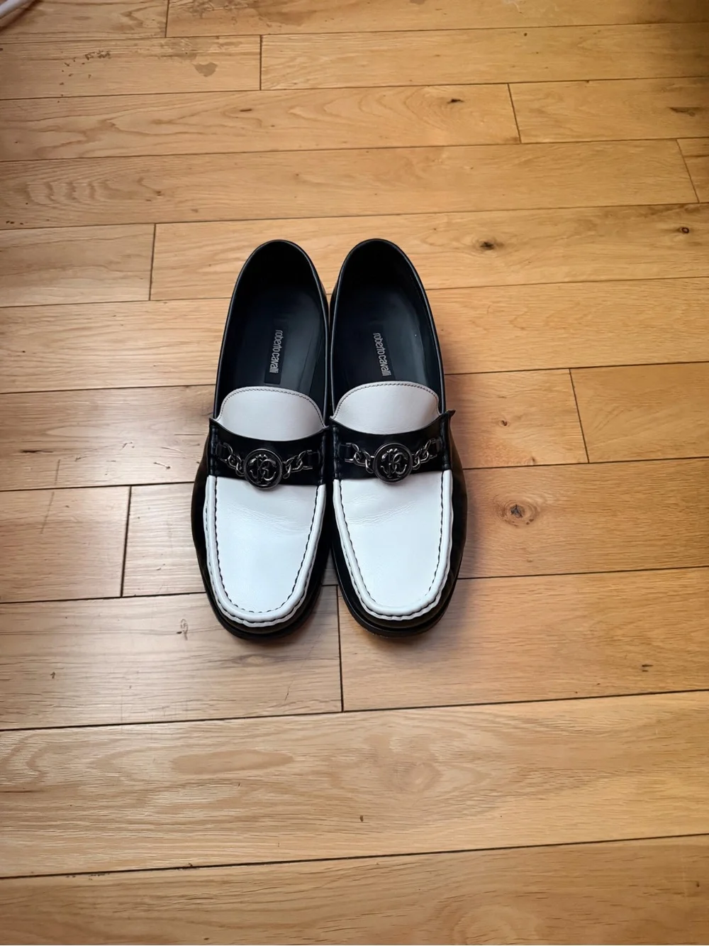 Roberto Cavalli Black and White Leather Loafers